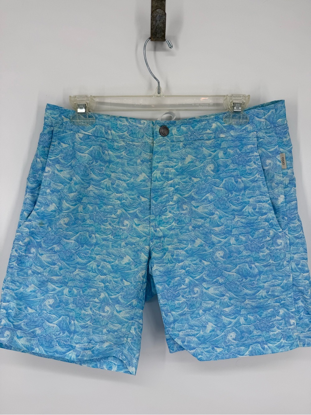 Onia Calder Men Swim Trunks Size 32 Blue Wave Ocean Flat Front Hybrid Shorts